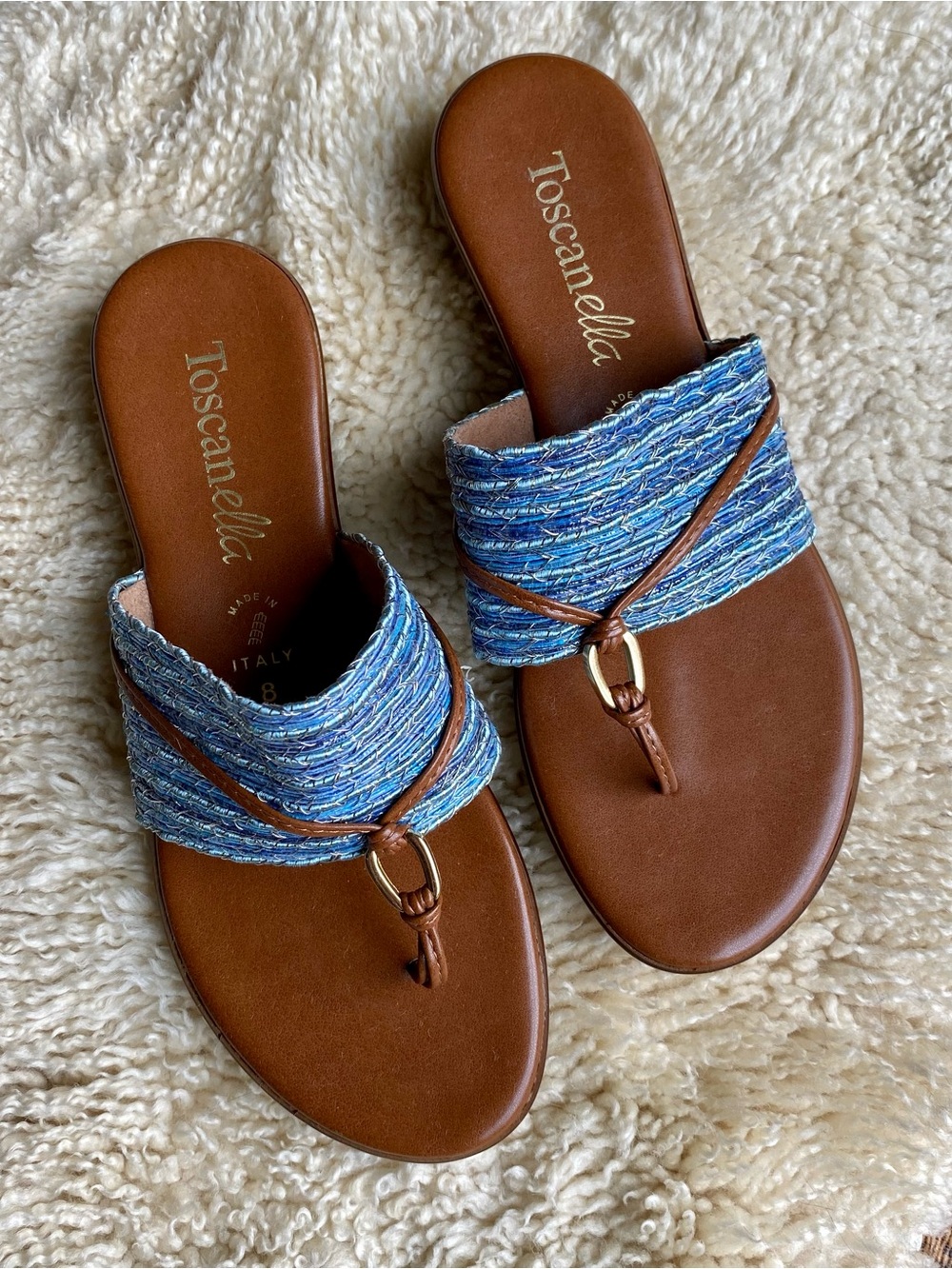 Blue Woven Leather Slide Sandals
